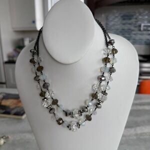 VINTAGE Trifari Double Strand Beaded Necklace Gunmetal Grey Clear Iridescent